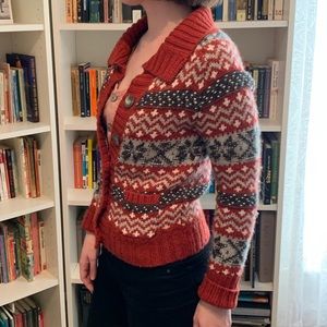 Cropped red white and grey knit cardigan